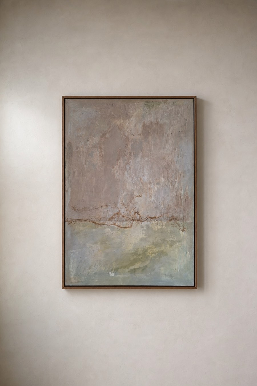 Vroeg licht, Acrylverf, papier en vlas op linnen, Els Schram