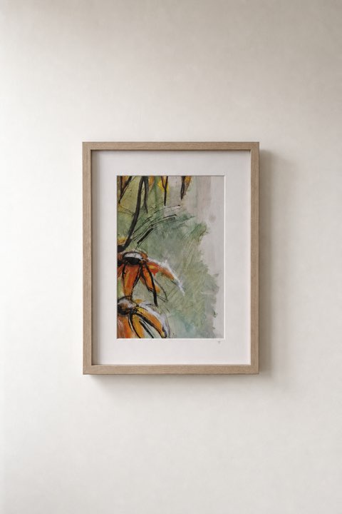 Zonnebloemen I, Linnen, acryl en inkt, Els Schram