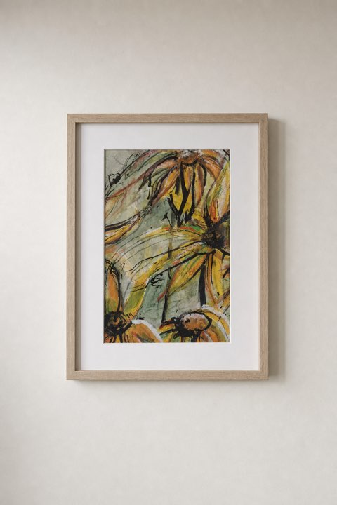 Zonnebloemen II, Linnen, acryl en inkt, Els Schram