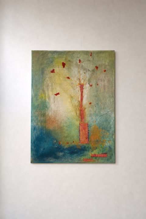 Bloesem, Acrylverf, zijde, goud, Els Schram