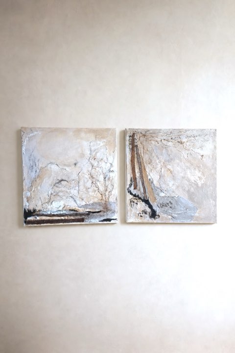 Oevers, Gemengde techniek; acrylverf, krijt, papier, zijde, vlas, Els Schram